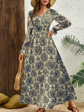 Vintage Print V Neck Long Sleeve Maxi Dress_CWDMD02351