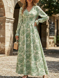 Vintage Print V Neck Long Sleeve Maxi Dress_CWDMD02351