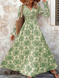 Vintage Print V Neck Long Sleeve Maxi Dress_CWDMD02351