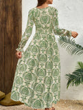 Vintage Print V Neck Long Sleeve Maxi Dress_CWDMD02351