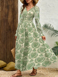 Vintage Print V Neck Long Sleeve Maxi Dress_CWDMD02351
