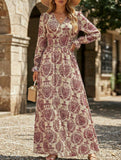 Vintage Print V Neck Long Sleeve Maxi Dress_CWDMD02351