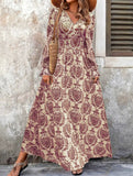 Vintage Print V Neck Long Sleeve Maxi Dress_CWDMD02351