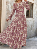 Vintage Print V Neck Long Sleeve Maxi Dress_CWDMD02351