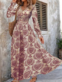Vintage Print V Neck Long Sleeve Maxi Dress_CWDMD02351