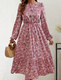 Floral High Waist Long Sleeve Midi Dress_CWDMD02352