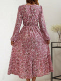 Floral High Waist Long Sleeve Midi Dress_CWDMD02352