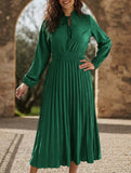 Tie Waist Lantern Sleeve Pleated Dress_CWDMD02372