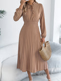 Tie Waist Lantern Sleeve Pleated Dress_CWDMD02372