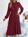 Tie Waist Lantern Sleeve Pleated Dress_CWDMD02372