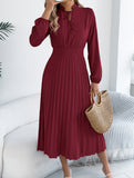 Tie Waist Lantern Sleeve Pleated Dress_CWDMD02372