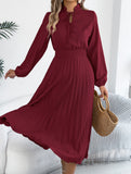 Tie Waist Lantern Sleeve Pleated Dress_CWDMD02372