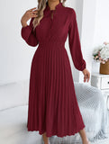 Tie Waist Lantern Sleeve Pleated Dress_CWDMD02372