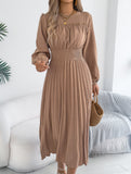 Ruffle Trim Long Sleeve Pleated Maxi Dress