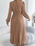 Ruffle Trim Long Sleeve Pleated Maxi Dress