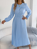 Ruffle Trim Long Sleeve Pleated Maxi Dress