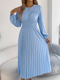 Ruffle Trim Long Sleeve Pleated Maxi Dress