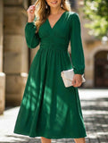Solid V Neck Slit Long Sleeve Dress_CWDMD02374