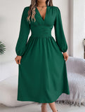 Solid V Neck Slit Long Sleeve Dress_CWDMD02374