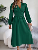 Solid V Neck Slit Long Sleeve Dress_CWDMD02374