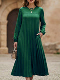 Solid Long Sleeve Pocket Pleated Dress