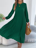 Solid Long Sleeve Pocket Pleated Dress