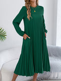 Solid Long Sleeve Pocket Pleated Dress