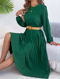 Solid Long Sleeve Pocket Pleated Dress