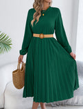 Solid Long Sleeve Pocket Pleated Dress