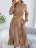 Solid Long Sleeve Pocket Pleated Dress