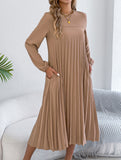 Solid Long Sleeve Pocket Pleated Dress