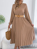 Solid Long Sleeve Pocket Pleated Dress