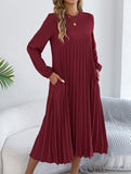Solid Long Sleeve Pocket Pleated Dress