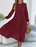 Solid Long Sleeve Pocket Pleated Dress