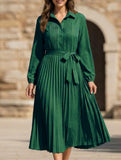 Solid Turn Down Collar Pleated Dress