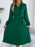 Solid Turn Down Collar Pleated Dress