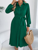 Solid Turn Down Collar Pleated Dress