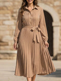 Solid Turn Down Collar Pleated Dress