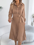 Solid Turn Down Collar Pleated Dress