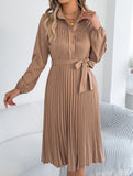 Solid Turn Down Collar Pleated Dress
