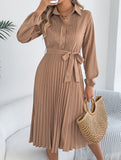 Solid Turn Down Collar Pleated Dress