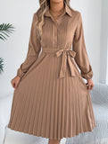 Solid Turn Down Collar Pleated Dress
