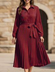 Solid Turn Down Collar Pleated Dress