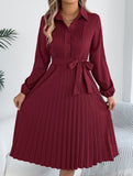 Solid Turn Down Collar Pleated Dress