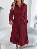 Solid Turn Down Collar Pleated Dress