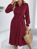 Solid Turn Down Collar Pleated Dress