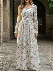 Floral High Waist Long Sleeve Dress_CWDMD02402