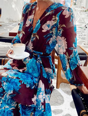 Printed Tie Waist Long Sleeve Maxi Dress