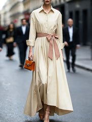 Solid Bow Belt Shirt Maxi Dress