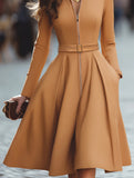 Zip Front Belted Shirt A Line Dress